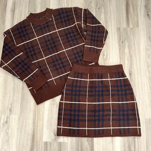 En Saison Brown & Navy Blue Plaid Knit Long Sleeve Sweater and Mini Skirt Set in